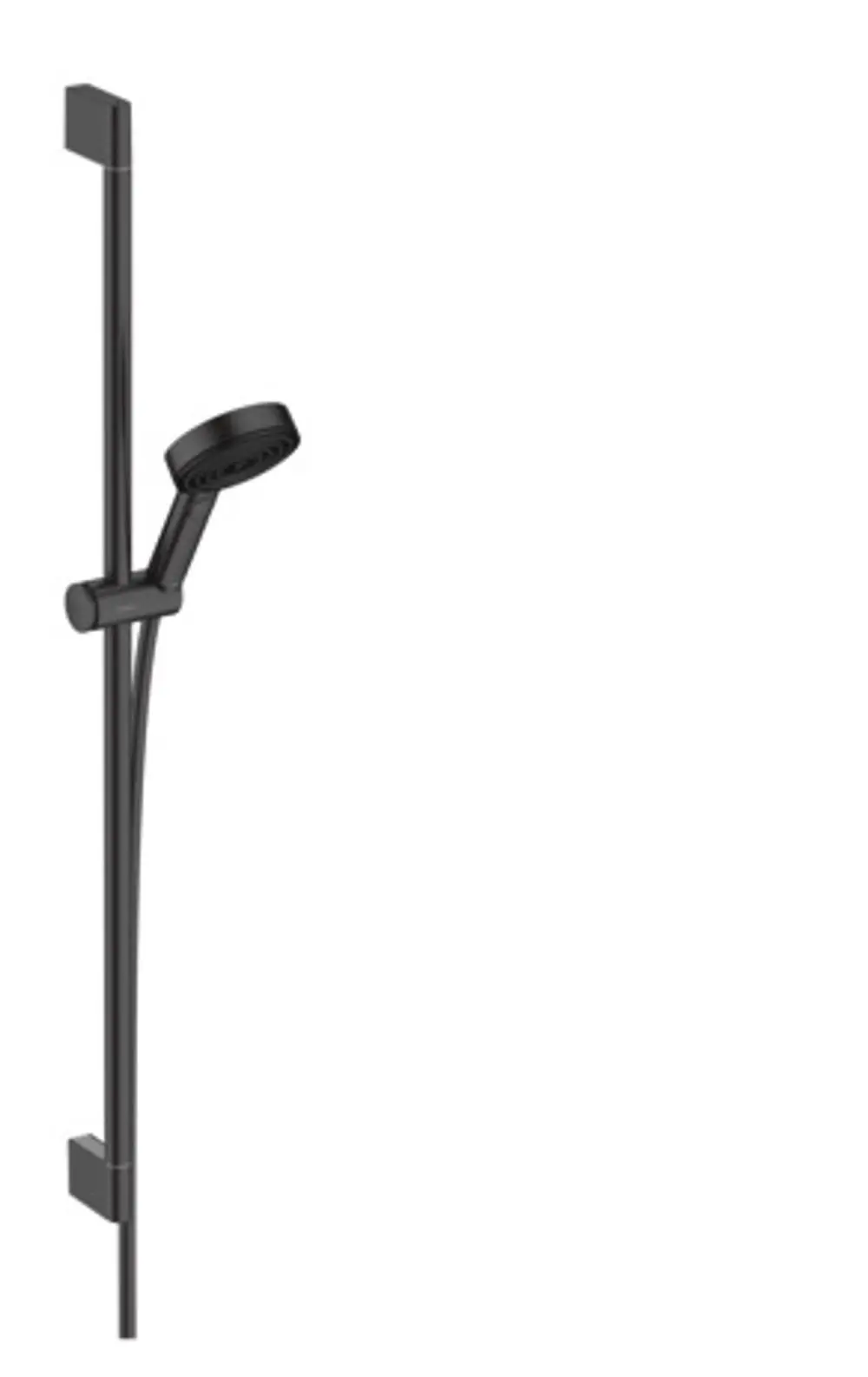 Schwarze Brausestange von Hansgrohe mit Handbrause, Halterung und Schlauch, auf weißem Hintergrund.